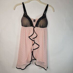 Ambrielle Lingerie Babydoll Small Pink Black Polka Dot Lightly Lined Sheer Lace